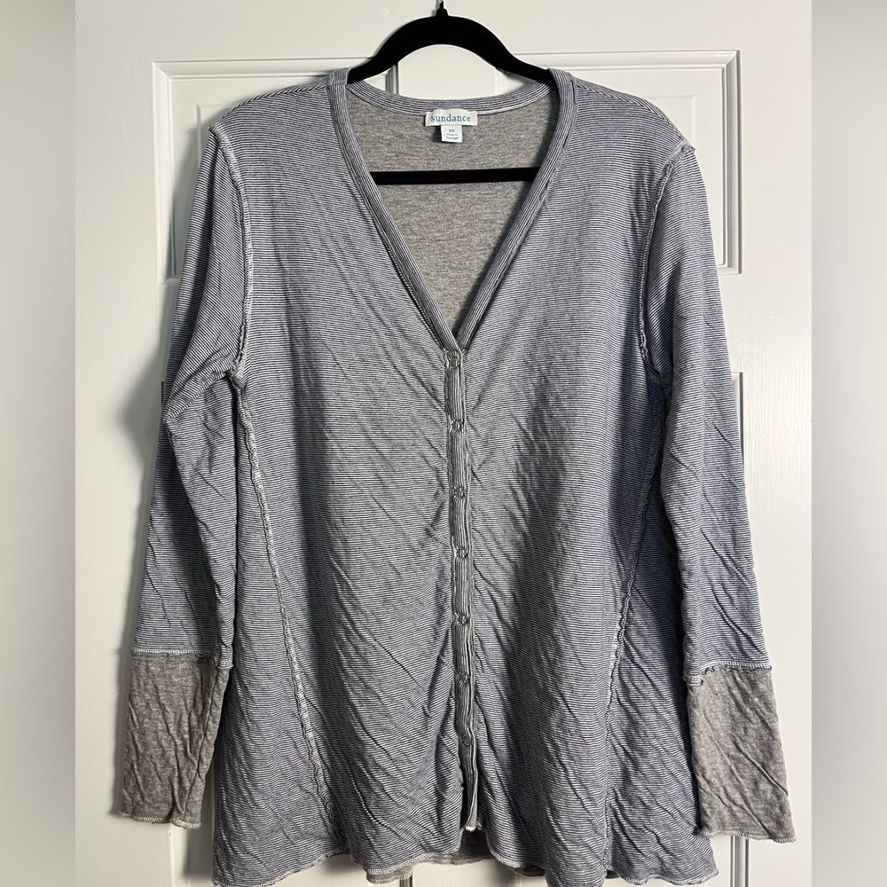 SUNDANCE 100% Cotton Navy Striped Snap Front Cardigan with Contrast Gray Cuffs